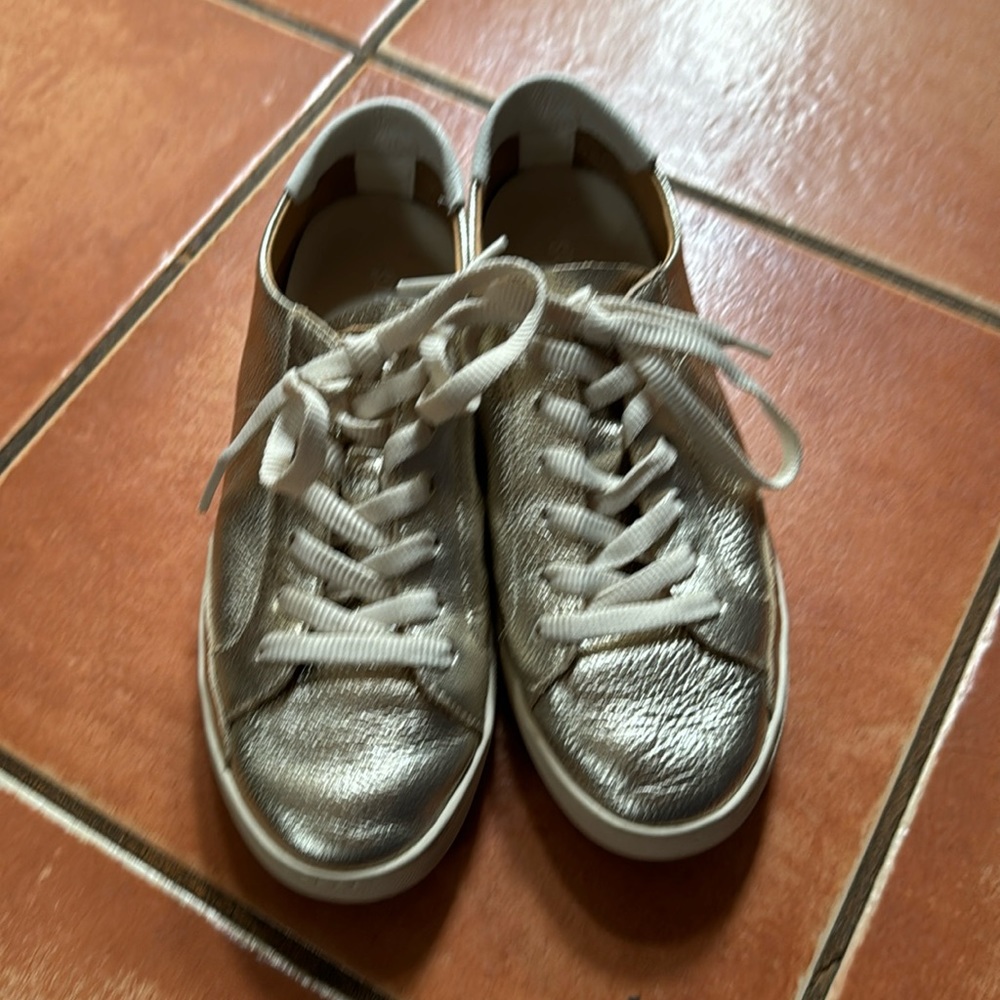 Gold metallic loafer shoes. Size 8, brand Soludos. Used, well kept.